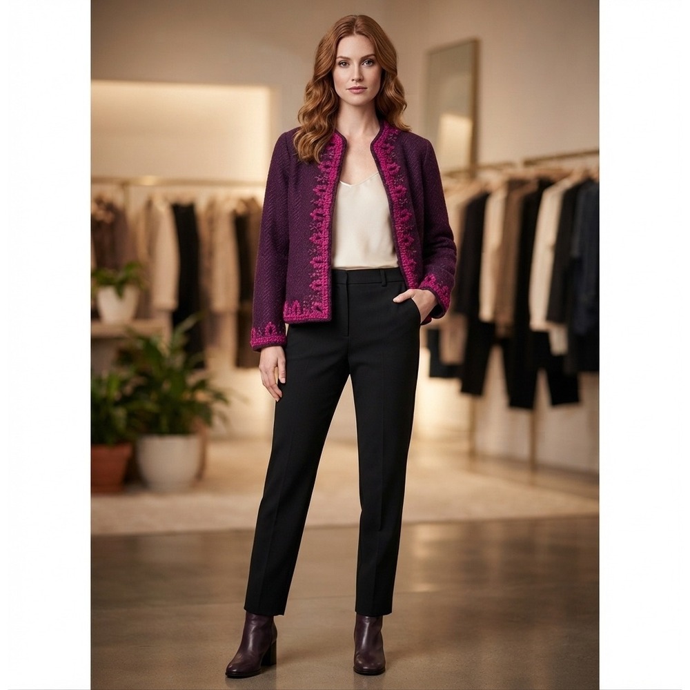 Carlisle Womens Purple Wool Blend Embroidered Open Front Jacket Size 12